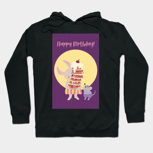 Happy Birthday card, greeting card, with a rabbit holding a high cake that almost will fall Hoodie